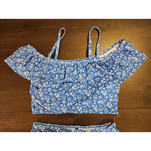 Tahari 2 piece Set Swimsuit Bathing Suit Off Shoulder LARGE Blue White Floral - Picture 7 of 16